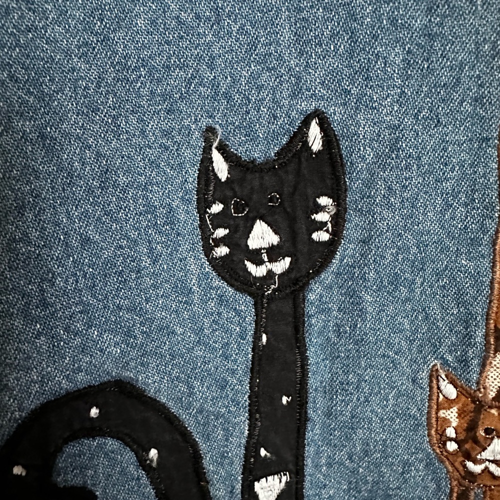 Vintage Jean Denim Jacket Cat Mom Embroidery Appliqué Quirky Cottagecore Artsy S - Picture 9 of 15